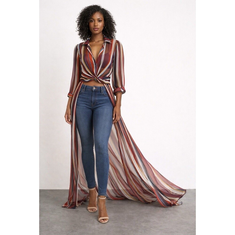 Pastel Striped Twist Front Hi Low Tunic Top M Long Sleeve